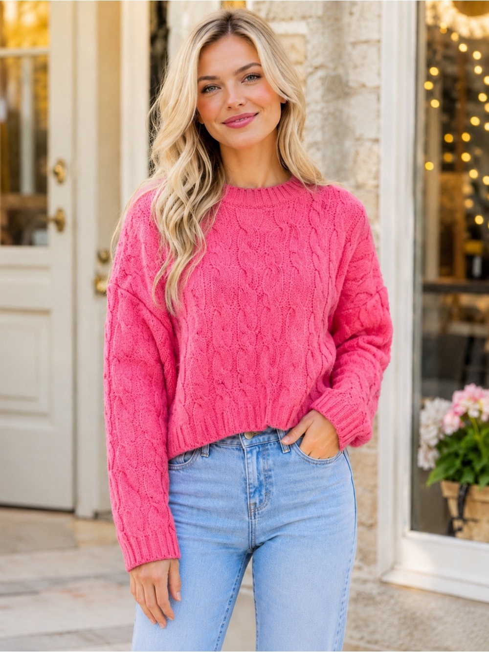 NWOT Double Zero Pink Cable Knit Crewneck Sweater